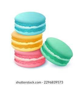 Colorful macaron cookies 3d vector illustration. Pile of sweet snacks for cafe or restaurant in cartoon style isolated on white background. Restaurant, menu, food concept