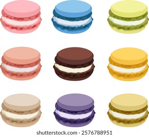 Colorful Macaron Illustration Set, Vector, Pastel Macarons, Sweet Desserts, French Pastry,