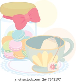 Colorful Macaron in Jar and Tea Cup