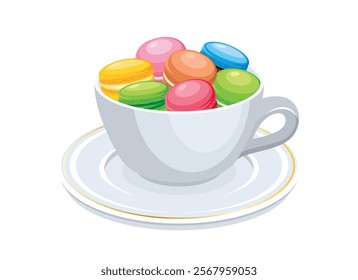 Colorful macarons in a cup vector illustration. Cup and saucer with colorful french macaroons icon vector isolated on a white background. Macarons in a teacup drawing