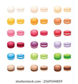 Colorful macarons many icon set vector illustration. Colored french macaroons icon set vector isolated on a white background. Macaron color palette drawing. Different types of macarons design element