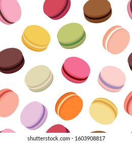 Colorful macarons seamless pattern. Sweet french macaroons isolated on white background. Vector illustration in flat style.