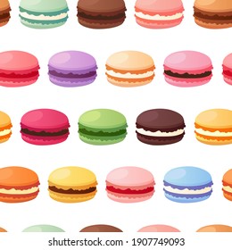 Colorful macarons seamless pattern. Sweet french macaroons isolated on white background. Vector illustration in flat style.