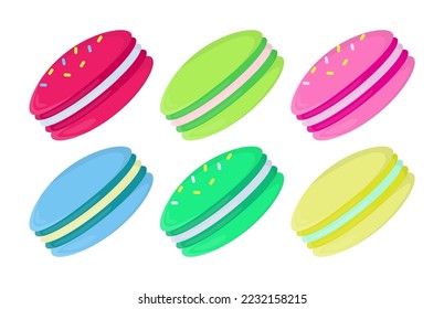 Coloridas ilustraciones vectoriales de macaroon cookies. Colección de dibujos animados de macarons con rociadores aislados en fondo blanco. Comida, postres, concepto de panadería
