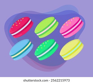 Colorful macaroon cookies vector illustrations set. Collection of cartoon drawings of macarons with sprinkles on abstract background. Food, desserts, bakery concept