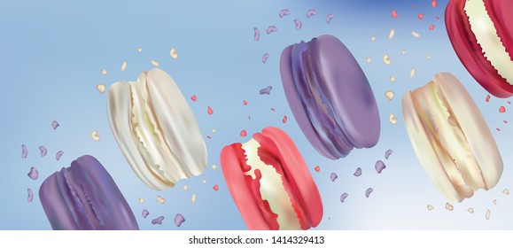 Colorful macaroon in motion isolated on blue background. Differend sweet french macaroons close up. Falling macaroons. 3d vector iliustration.