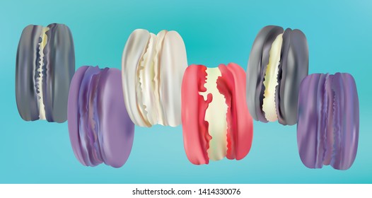 Colorful macaroon in motion isolated on blue background. Differend sweet french macaroons close up. Falling macaroons. 3d vector iliustration.