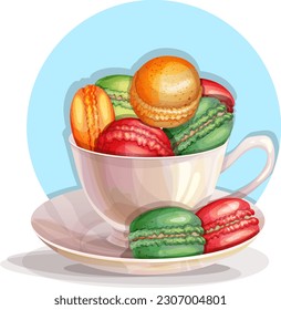 Colorful Macaroons in cup on light blue background