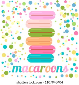 Colorful macaroons in flat style on a confetti background.  Concept of desserts and for birthday  celebration.  Vector illustration. Great design template for bakeries, cafes and restaurants.