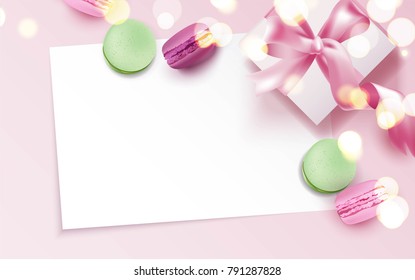 Colorful macaroons and gift box on pink background. Beautiful romantic background with place for text. Vetor illustration