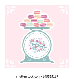 Colorful macaroons on blue cartoon scales. Cute postcard. Vector illustration