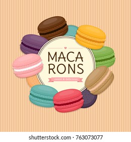 Macarones coloridos de marco redondo. Diferentes macarones de tarta. Estilo plano, ilustración vectorial.