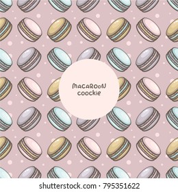 Colorful macaroons seamless pattern with place for you text. Traditional french dessert. Template for packaging, cute textile, wrapping paper and menu design.