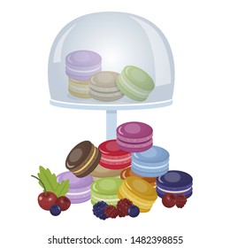 Colorful Macaroons Stack with Berries and in Tray under Glass Lid. Cherry, Blueberry, Raspberry, Blackberry, Cranberry and Mint Leaves. Bakery Shop with French Treats. Vector Flat Illustration