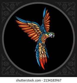 Colorful macaw bird mandala arts, isolated on black background