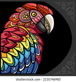 Colorful macaw bird mandala arts, isolated on black background