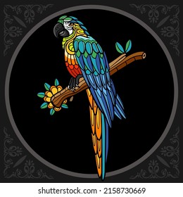 Colorful macaw bird mandala arts. isolated on black background.