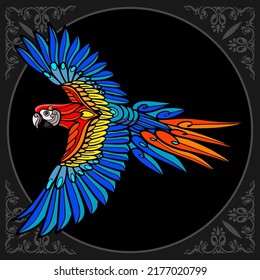 Colorful Macaw bird zentangle arts isolated on black background.