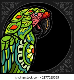 Colorful Macaw bird zentangle arts isolated on black background.