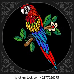 Colorful Macaw bird zentangle arts isolated on black background.
