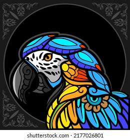 Colorful Macaw bird zentangle arts isolated on black background.