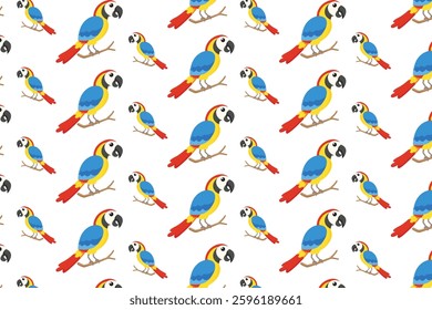 Colorful macaw parrot seamless pattern with a tropical vibe. Perfect for fabric, wallpaper, wrapping paper, and digital designs. Fun and vibrant bird illustration.