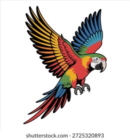 Um papagaio-arara colorido voa pelo ar com as asas estendidas.