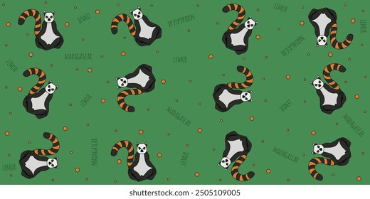 Diseño colorido del patrón del lémur de Madagascar. Plantilla para estampado de decoración textil de tela. Linda Ilustración vectorial de animal plana divertida. EPS 10