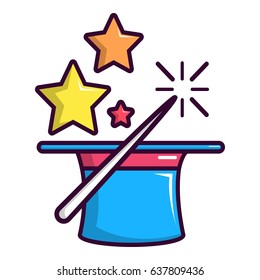 Colorful magic hat and wand icon. Cartoon illustration of colorful magic hat and wand i vector icon for web