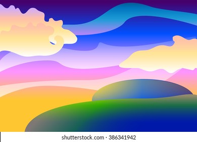 Colorful magic landscape with sky, clouds and planets, fantastic vector illustration, sunset sky vector, summer landscape vector background with place for text, summer fantasy vector picture