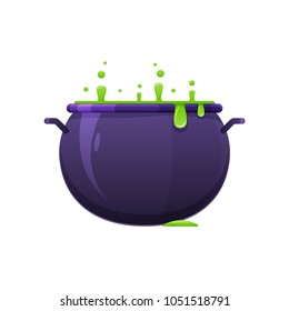 Colorful magic metal pot with a hot potion. Magic potion alchemy, magic, boiling liquid. Boiler for halloween, witch, sorcerer, magician. Item for game user interface, web games. Vector illustration.