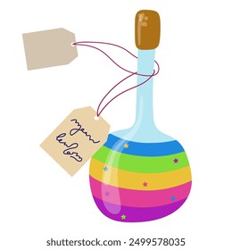 Botella mágica colorida de la poción. Viales mágicos de alquimista, elixir mágico, bruja y mago