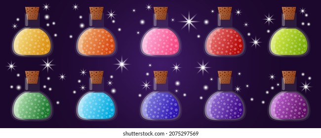 Colorful Magic potion bottles for games set. Vector illustration.