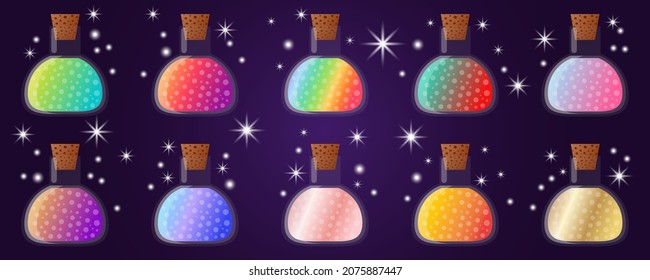 Colorful Magic potion bottles for games set. Vector illustration.