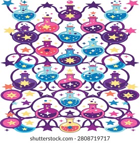 Colorful magic potion bottles pattern with sparkling stars and whimsical decorative lines Vector, illustration