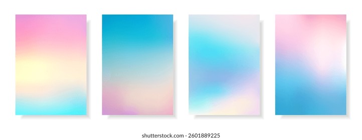 Colorful magic rainbow blurred backgrounds. Set of abstract digital cards with bright gradients.Pearlescent futuristic decorative backdrops. Vector templates.