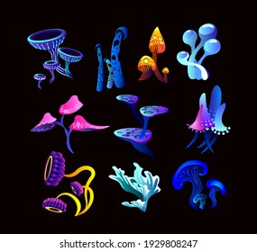 Colorful Magic Set of Fairy Psylocubin Mushrooms of Different Curved Shape with Sparkles,Luminous Spore, Bubbles,Droplet.Trance Toxic Fungal Collection on Black Background isolated vector illustration