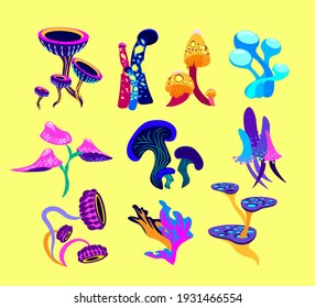 Colorful Magic Set of Fairy Psylocubin Supernatural Mushrooms of Different Curved Shape with Mycelium, Colorful Spores. Trance Toxic Fungal Collection on Yellow Background isolated vector illustration