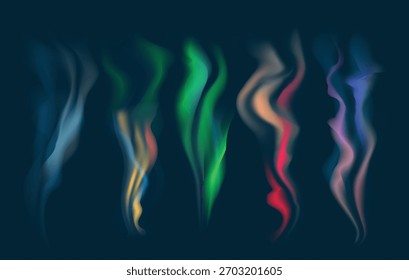 Colorful magic smoke waves. Wind effects gas or perfume streams fog flames vector illustration