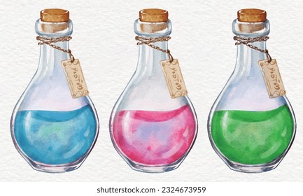 colorful magic spell potions watercolor illustration