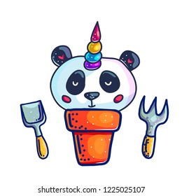 colorful magic unicorn panda with rainbow horn isolated  on white background