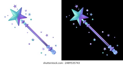 A colorful magic wand with a star-shaped top, adorned with small stars and bubbles. Rendered in 3D cartoon realistic style, it is ideal for games, UI, UX, and fantasy-themed projects. Vector 