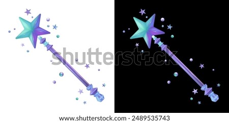 A colorful magic wand with a star-shaped top, adorned with small stars and bubbles. Rendered in 3D cartoon realistic style, it is ideal for games, UI, UX, and fantasy-themed projects. Vector 