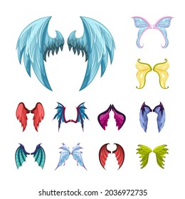 Colorful magic wings set. Graceful fairy wing mythical creatures with colored feathers and scales symbols of ancient dragons and manticores mystical mirrors from parallel worlds. Vector mythology.