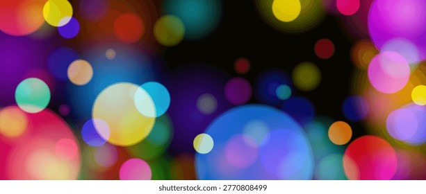 Colorful magical bokeh lights background. Vibrant blurry defocused light circles wallpaper. Bright neon round sparks falling down effect. Abstract glowing particles for holiday celebration. Vector