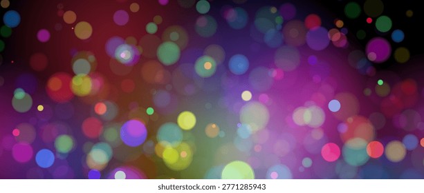 Colorful magical bokeh lights background. Vibrant blurry defocused light circles wallpaper. Bright neon round sparks falling down effect. Glowing dust particles for holiday celebration. Vector