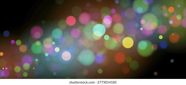 Colorful magical bokeh lights background. Vibrant blurry defocused light circles wallpaper. Bright neon dust sparks falling down effect. Glowing dust particles flow for holiday celebration. Vector