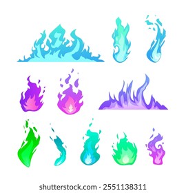 Colección mágica colorida de la llama. Efectos del fuego azul, verde, púrpura. Brillante y encantador resplandor. Energía elemental, hechicería y brujería. Ilustración vectorial aislada sobre fondo blanco.