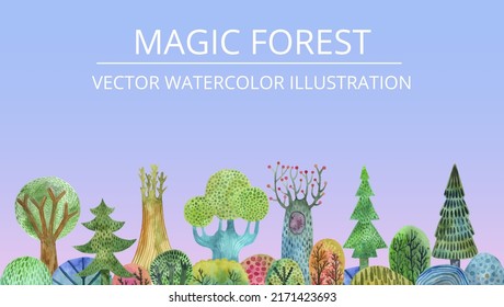 Colorful magical forest with trees and mountains. hand-drawn watercolor illustration. Vector illustration for fabric, wrapping, textile, wallpaper, apparel.