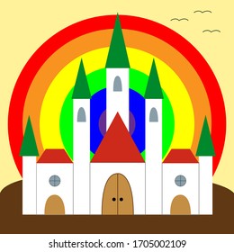 Colorful and magical medieval castle on a rainbow background for children